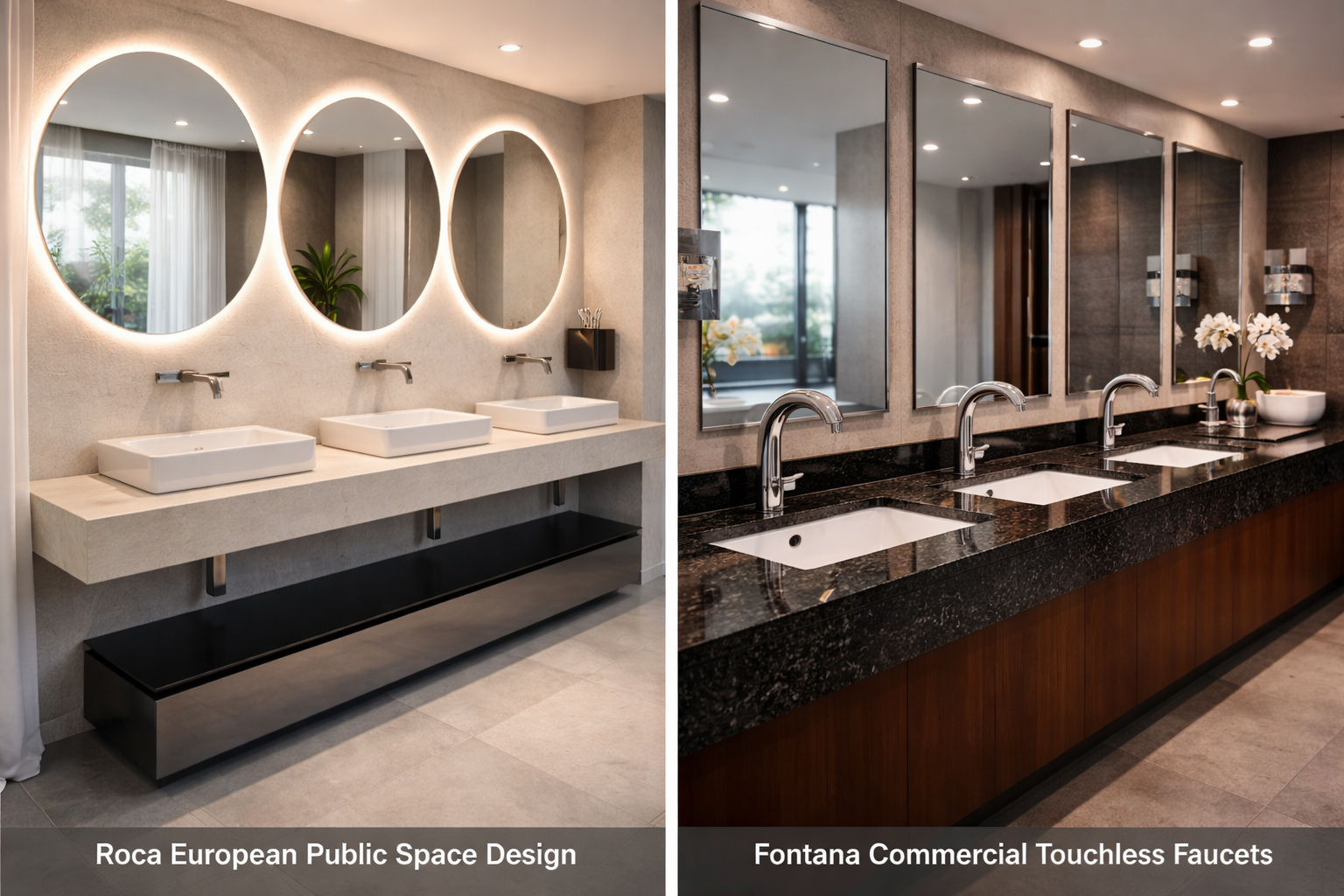 Roca European public space design versus Fontana commercial touchless faucets